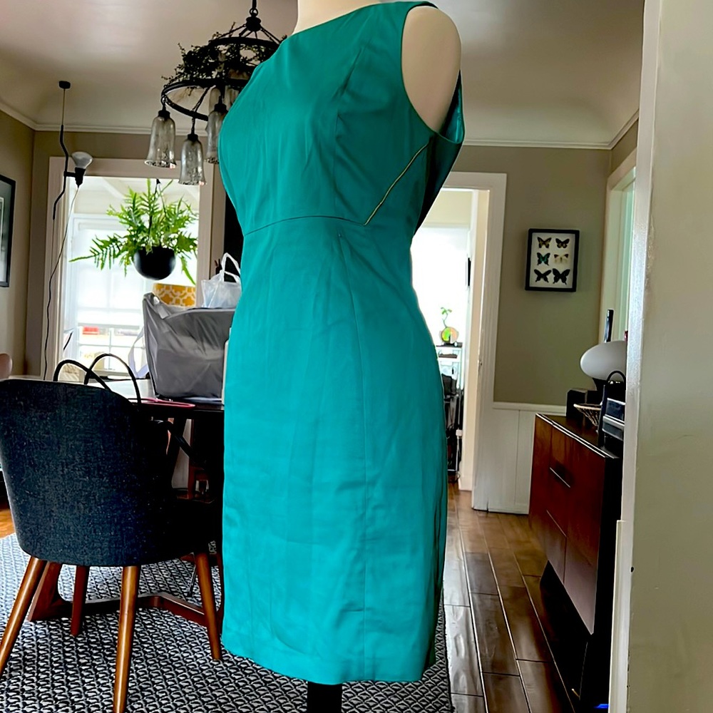 Turquoise shift dress with gold details